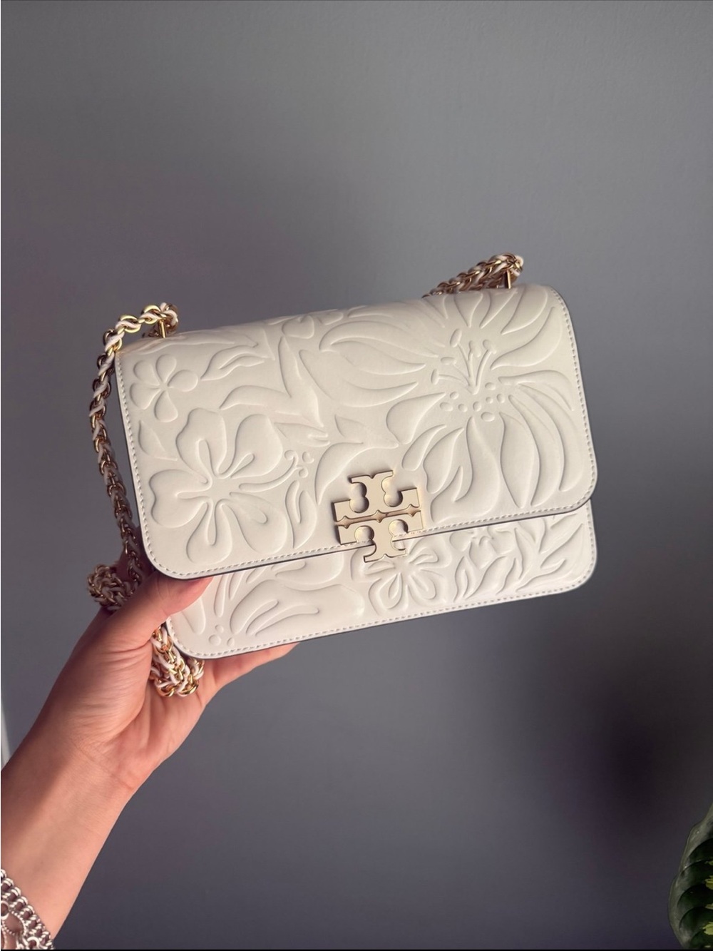Tory Burch Embossed Floral Leather Crossbody Bag - White with Gold Hardware
